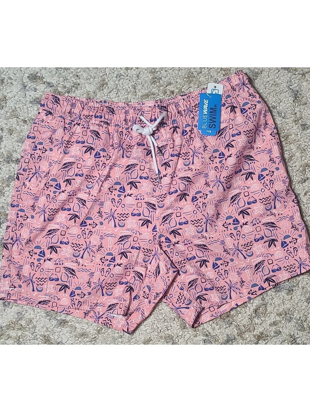NWT Blue Wave XL Pink and Navy Swim Trunks with Tropical Print